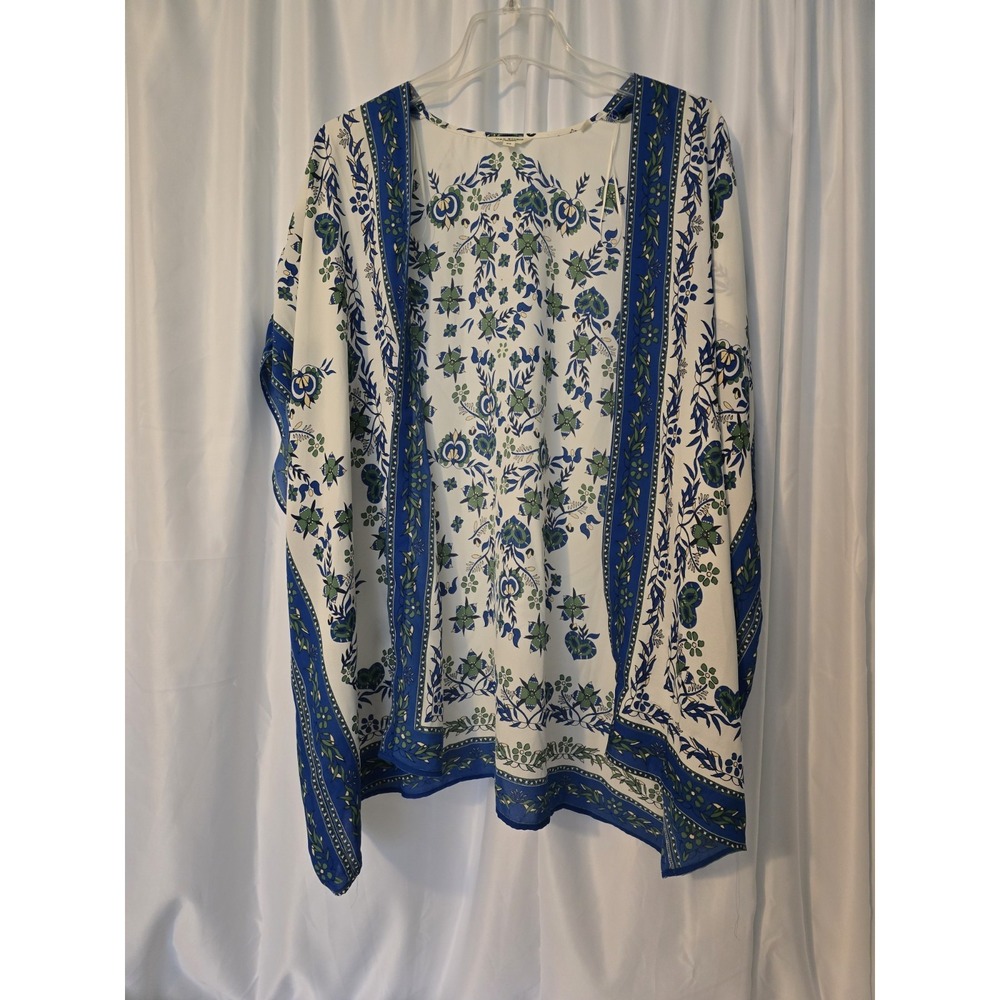 Max Studio Women's Open Front Kimono Top Cream with Blue & Green Accents Size XS